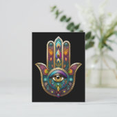 Peacock Colors Hamsa w/ Gold Third Eye ポストカード (スタンド正面)