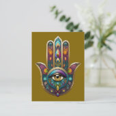 Peacock Colors Hamsa w/ Gold Third Eye ポストカード (スタンド正面)