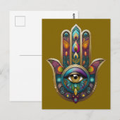 Peacock Colors Hamsa w/ Gold Third Eye ポストカード (正面/裏面)