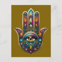 Peacock Colors Hamsa w/ Gold Third Eye ポストカード