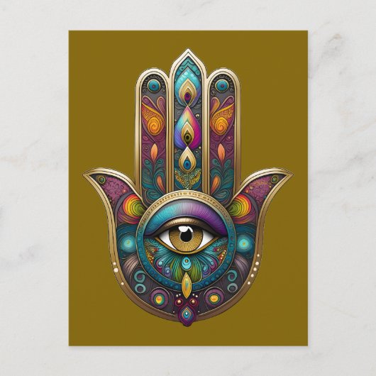 Peacock Colors Hamsa w/ Gold Third Eye ポストカード (正面)