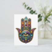Peacock Colors Hamsa w/ Gold Third Eye ポストカード (スタンド正面)