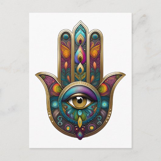 Peacock Colors Hamsa w/ Gold Third Eye ポストカード (正面)