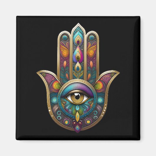 Peacock Colors Hamsa w/ Gold Third Eye マグネット (正面)