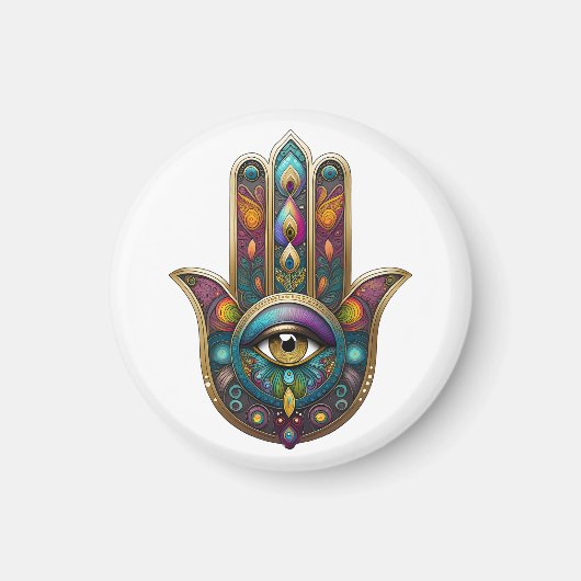 Peacock Colors Hamsa w/ Gold Third Eye マグネット (正面)