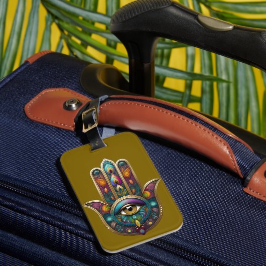 Peacock Colors Hamsa w/ Gold Third Eye ラゲッジタグ (正面インサイチュ1)