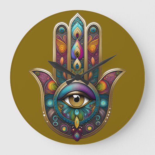 Peacock Colors Hamsa w/ Gold Third Eye ラージ壁時計 (正面)