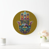 Peacock Colors Hamsa w/ Gold Third Eye ラージ壁時計 (ホーム)