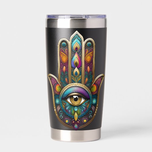 Peacock Colors Hamsa w/ Gold Third Eye 保温保冷タンブラー (正面)