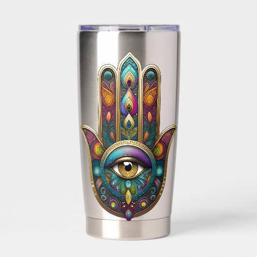 Peacock Colors Hamsa w/ Gold Third Eye 保温保冷タンブラー (正面)