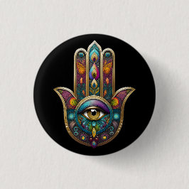 Peacock Colors Hamsa w/ Gold Third Eye 缶バッジ