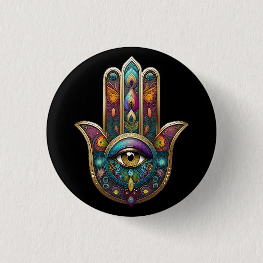 Peacock Colors Hamsa w/ Gold Third Eye 缶バッジ (正面)