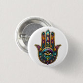 Peacock Colors Hamsa w/ Gold Third Eye 缶バッジ (正面&裏面)