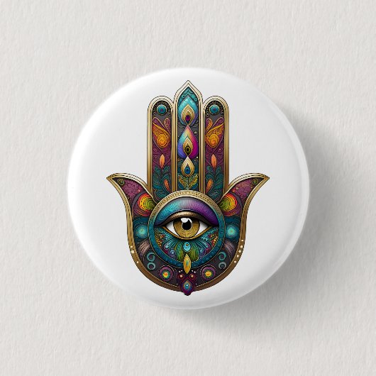 Peacock Colors Hamsa w/ Gold Third Eye 缶バッジ (正面)