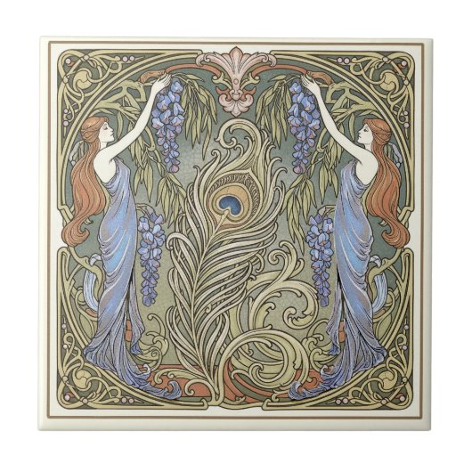 Peacock Feather and Muses Art Nouveau Pat#4 ID1193 タイル (正面)