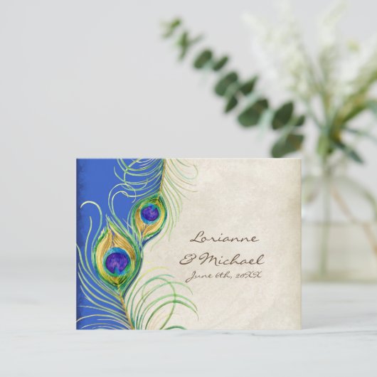Peacock Feather Damask RSVP王室の応答カード インビテーションポストカード (スタンド正面)