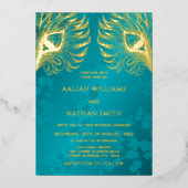 Peacock Feather Jewel Tone Gold Wedding 箔招待状 (正面)