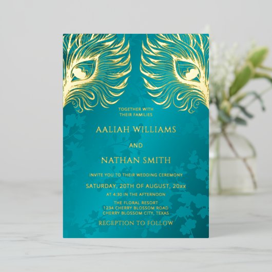 Peacock Feather Jewel Tone Gold Wedding 箔招待状 (立ち正面)