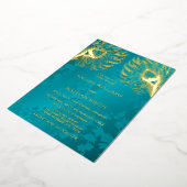 Peacock Feather Jewel Tone Gold Wedding  箔招待状 (回転した状態)