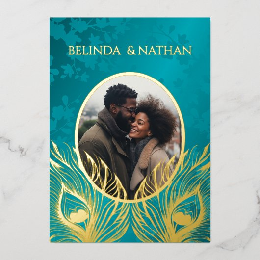 Peacock Feather Jewel Tone Gold Wedding 箔招待状 (正面)