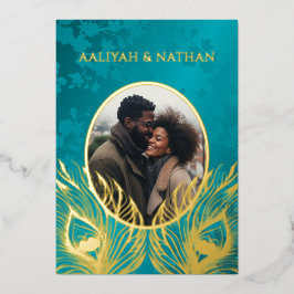 Peacock Feather Jewel Tone Gold Wedding  箔招待状