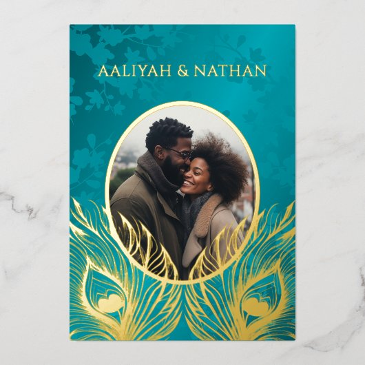 Peacock Feather Jewel Tone Gold Wedding  箔招待状 (正面)