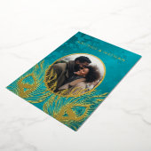 Peacock Feather Jewel Tone Gold Wedding  箔招待状 (回転した状態)