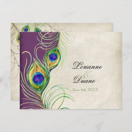 Peacock Feather RSVP応答はがき インビテーションポストカード (正面/裏面)