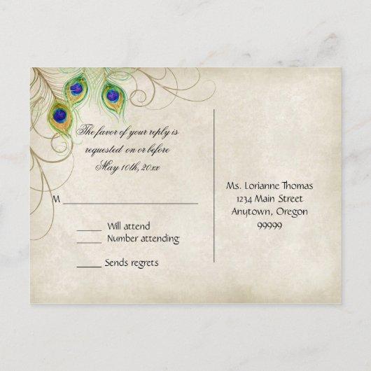 Peacock Feather RSVP応答はがき インビテーションポストカード (裏面)