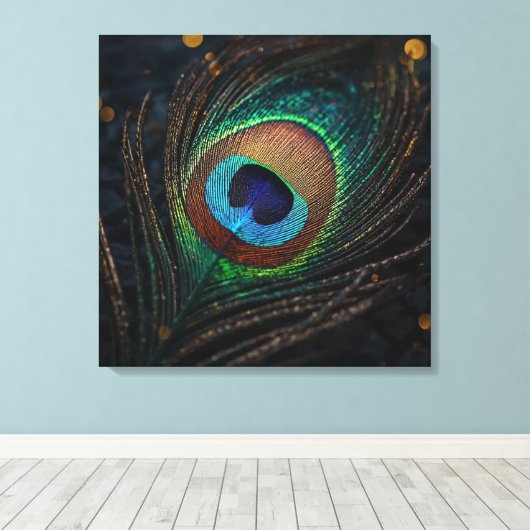 Peacock Feather Wall Art – Elegant Boho Nature キャンバスプリント (インサイチュ (ウッドフロア))