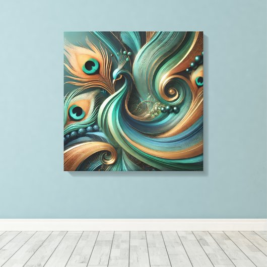 Peacock Feathers in Abstract Flow Canvas Art キャンバスプリント (インサイチュ (ウッドフロア))