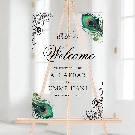 Peacock Feathers Lace Muslim Wedding Welcome アクリルサイン