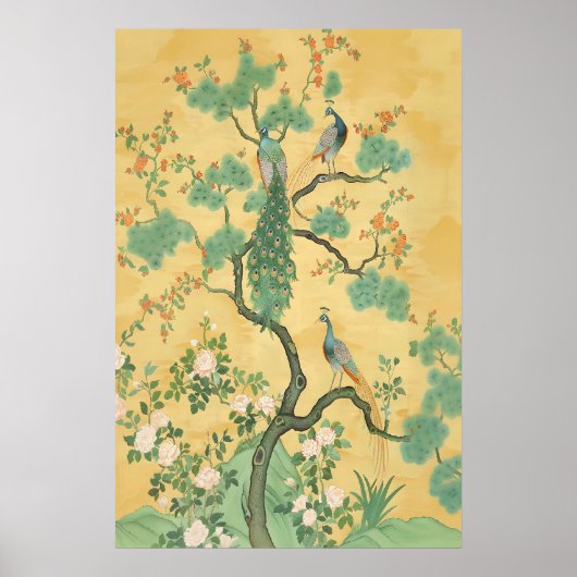 Peacock & Floral Chinoiserie Art Print Grand ポスター (正面)