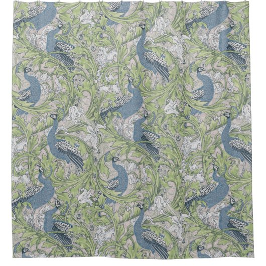 Peacock Garden in Blue Green Grey シャワーカーテン (正面)
