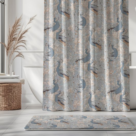 Peacock Garden in Blue Grey Mocha Beige シャワーカーテン