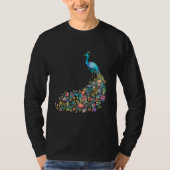 Peacock Graphic Blue Teal Floral Tail Feathers Bir Tシャツ (正面)