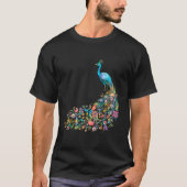 Peacock Graphic Blue Teal Floral Tail Feathers Bir Tシャツ (正面)