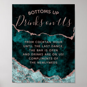 Peacock Green Rose Gold Agate Open Bar Table Sign ポスター