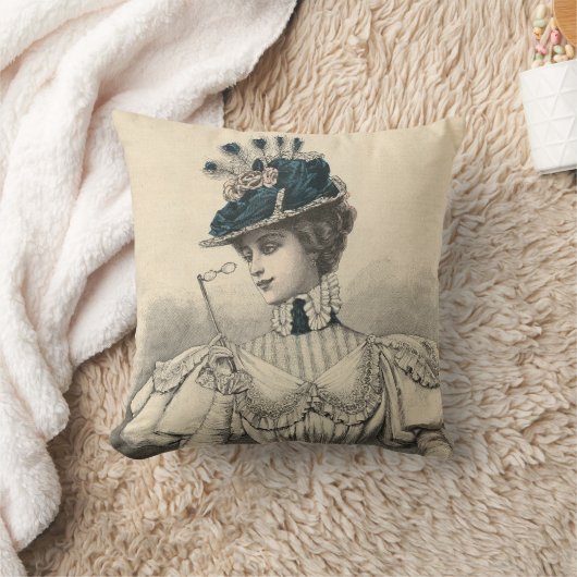 Peacock Hatエレガントのヴィンテージフランスのの女性 クッション (ブランケット)
