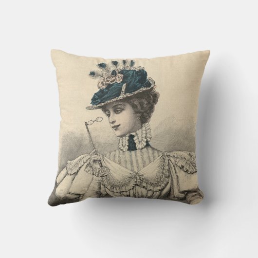 Peacock Hatエレガントのヴィンテージフランスのの女性 クッション (裏面)