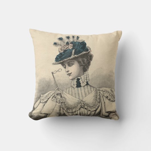 Peacock Hatエレガントのヴィンテージフランスのの女性 クッション (正面)