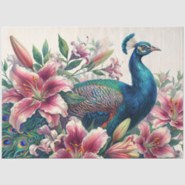 Peacock in Bloom – Watercolor Lilies & Plumage 薄葉紙