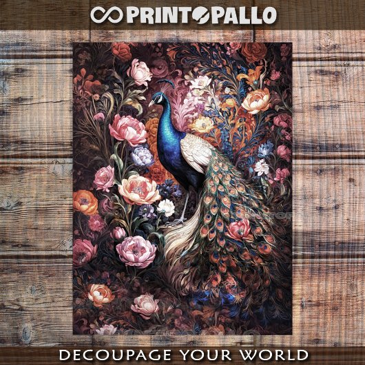 Peacock in garden flowers galore 薄葉紙