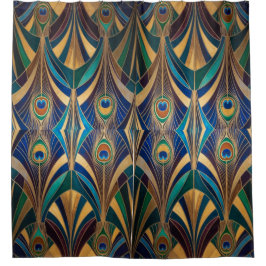 Peacock Jewel Tone Art Deco Feather シャワーカーテン