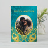 Peacock Jewel Tone Gold Wedding  箔招待状 (立ち正面)