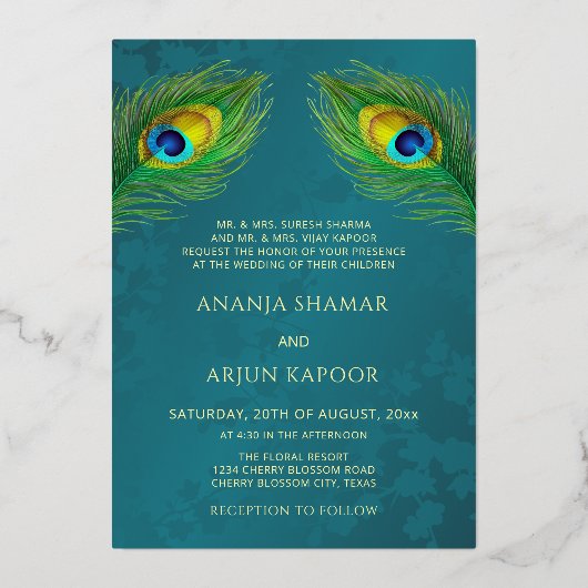 Peacock Jewel Tone Gold Wedding  箔招待状 (裏面)