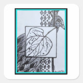 Peacock & Leaf Sticker -Blk & Turquoise スクエアシール (正面)