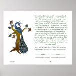 Peacock on a tree (B) - Ketubah ポスター<br><div class="desc">A majestic peacock is perched on a flowering tree. Perfect for a spring or summer wedding! This ketubah has a Hebrew quote in an otherwise English script. The script can be personalized to your own words. The initials and the year etched on the tree inside the heart shape are also...</div>