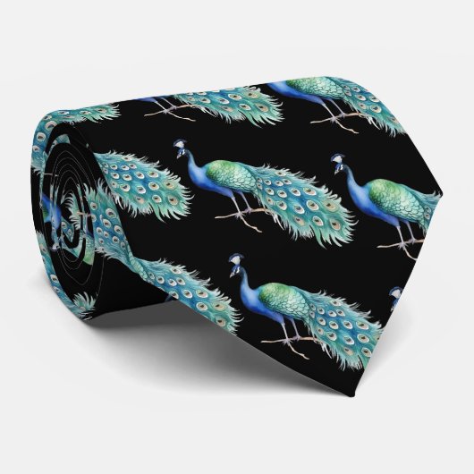 Peacock on Black Background Neck Tie ネクタイ (ロール)