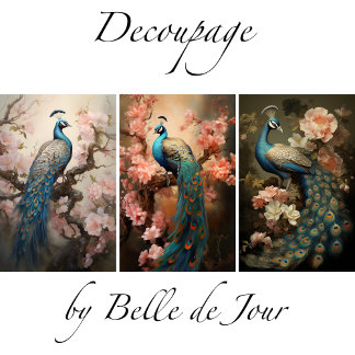 Peacock on flower branches, decoupage ラッピングペーパーシート
